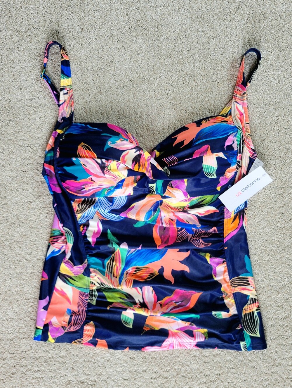 Liz Claiborne Tankini Swim Top Plus Size 16 Navy Blue Pink Tropical Floral Print